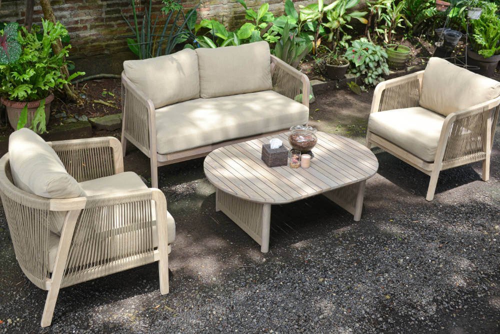 Solid teak outdoor dining and patio lounge furniture set by MPP Furniture