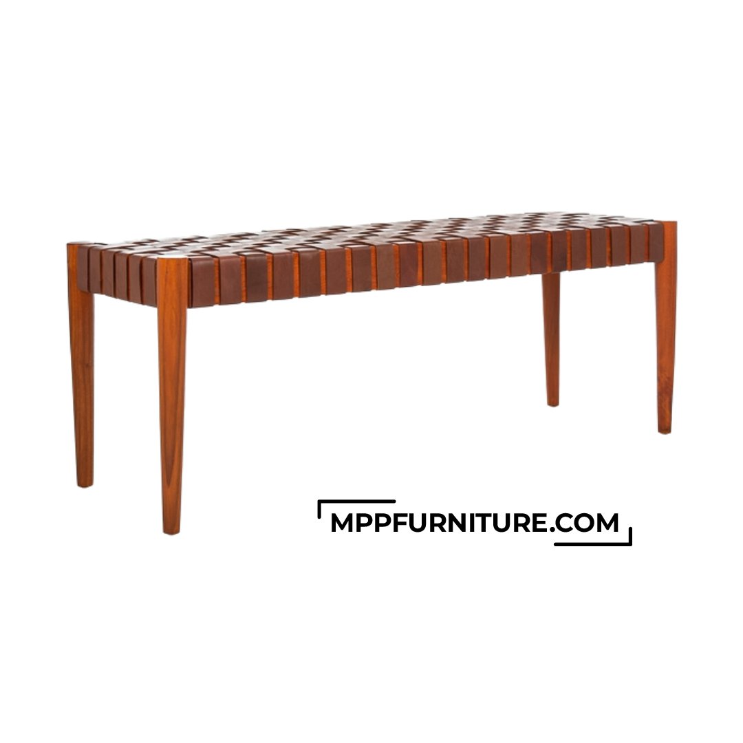 Fole upholstered cognac leather bedroom bench with wooden frame
